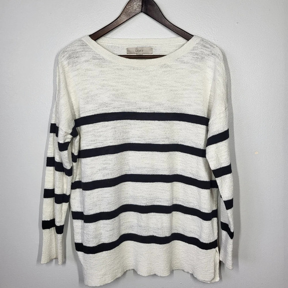 SOLD LOFT Nautical Striped Knit Boat Neck Relaxed Fit Sweater White Black - Picture 11 of 11